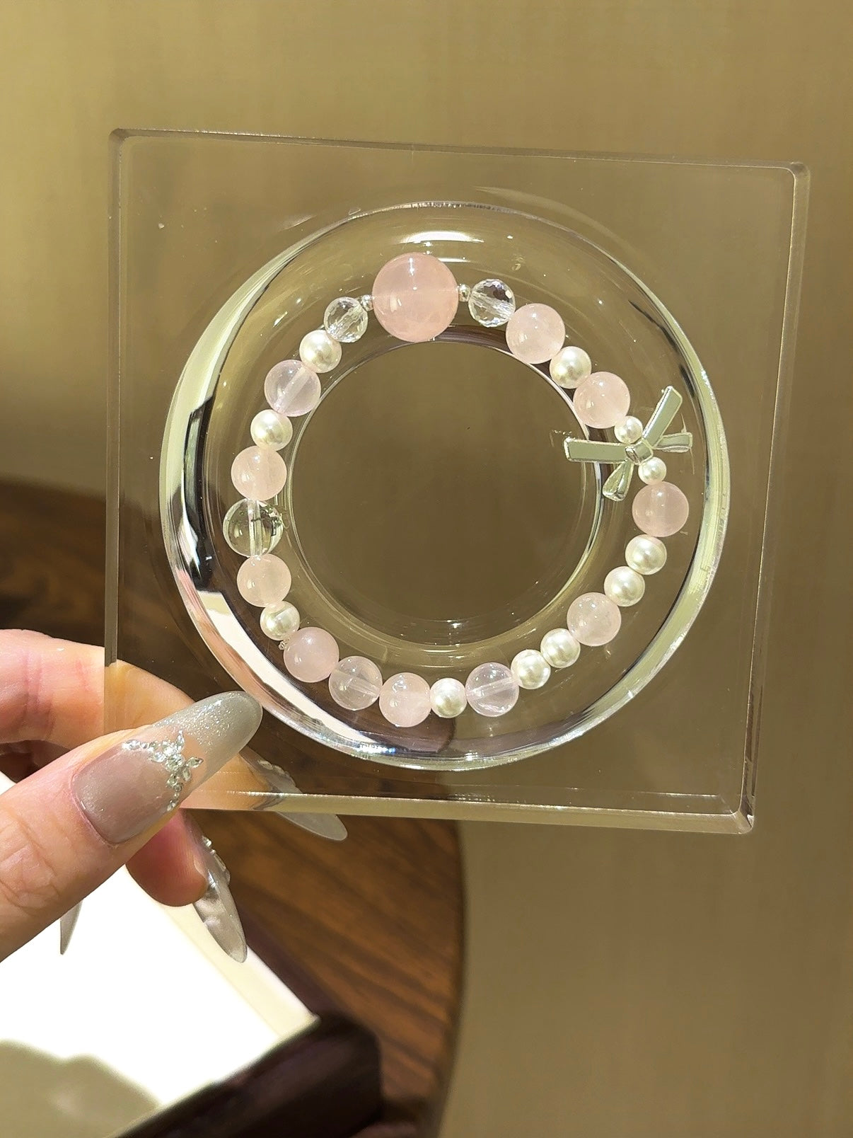 ▫️▪️ Pink crystal green ghost shell bead white crystal bracelet